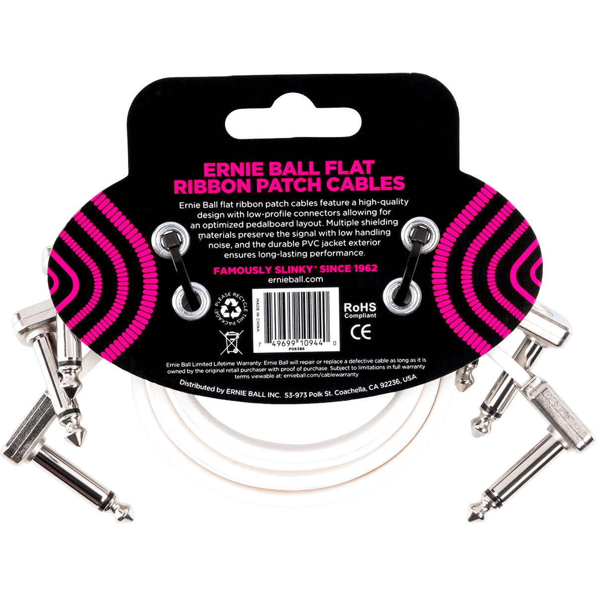 Ernie Ball 6386 12in Flat Ribbon Patch Cables - 3 Pack (White)