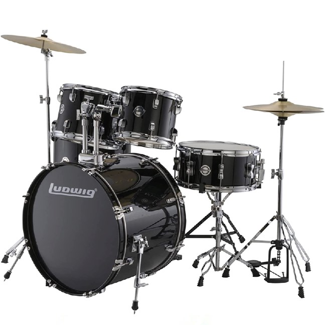 Ludwig Accent 5-piece Complete Drum Set with 22 inch Bass Drum and Wuhan Cymbals (Black Sparkle)